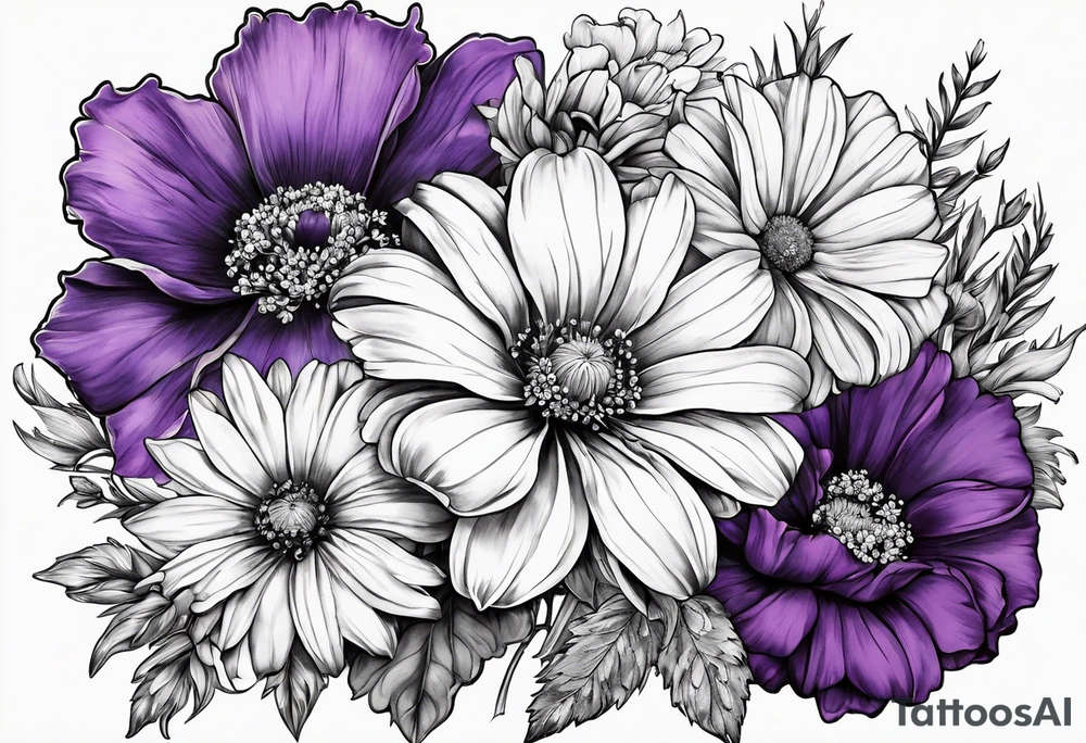 one larkspur, one carnation, one violet and one daisy and tied together with bow tattoo idea