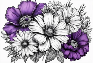 one larkspur, one carnation, one violet and one daisy and tied together with bow tattoo idea