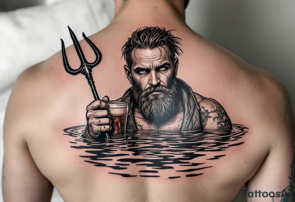 Drunk guy, with no facial hairs, with trident, half way in calm water, with a beer tattoo idea