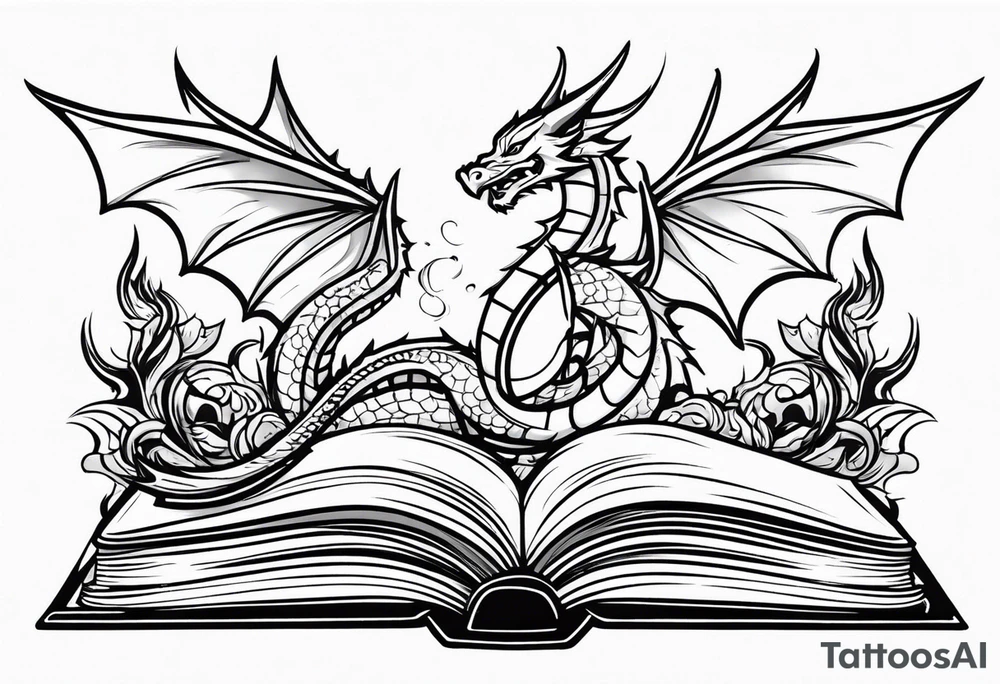 an empty open book with a sword through it, dragons and sparks surrounding the book. small design tattoo idea