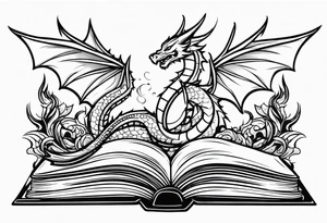 an empty open book with a sword through it, dragons and sparks surrounding the book. small design tattoo idea