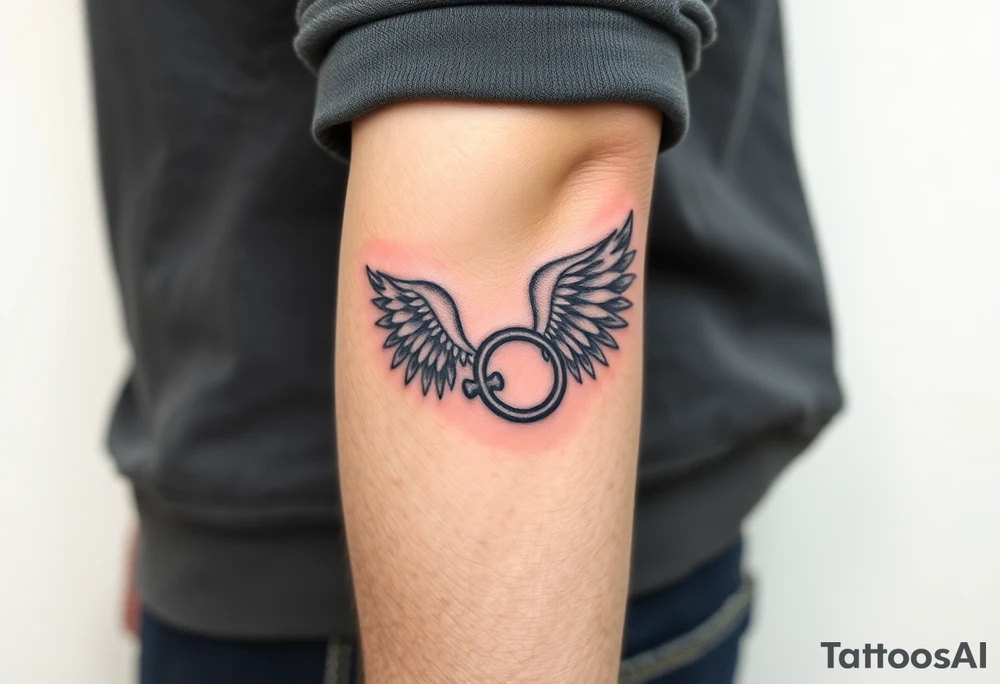 “Wing that shows struggle without glorifying ‘brokenness’—more mended/covered/cared for. Clean blackwork, gentle shading, small scripture reference optional, autism-affirming infinity loop (not puzzle piece tattoo idea