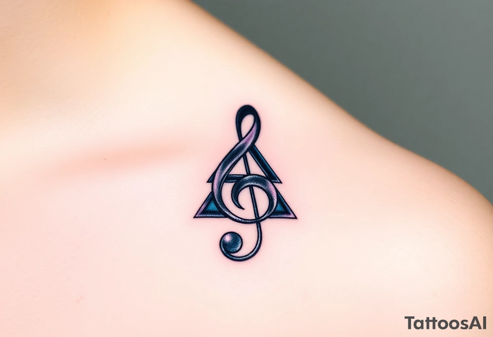 A treble clef composed of interlocking triangles, with deep blues, purples, and silver lines, symbolizing the complexity of music. tattoo idea