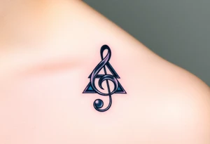 A treble clef composed of interlocking triangles, with deep blues, purples, and silver lines, symbolizing the complexity of music. tattoo idea