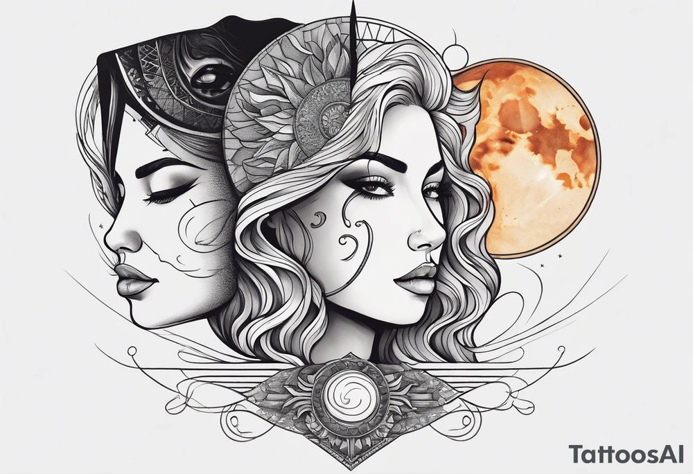 single face 
half of the face is a woman representing the sun, and the second half is a man representing the moon. The sun has a lake, and the moon has a desert nose. They are the same. tattoo idea