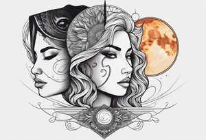 single face 
half of the face is a woman representing the sun, and the second half is a man representing the moon. The sun has a lake, and the moon has a desert nose. They are the same. tattoo idea