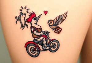 Woody the woodpecker wearing a leather vest that says peckerwoods, on a Harley Davidson under a willow tree, gazing in love at a barn owl tattoo idea