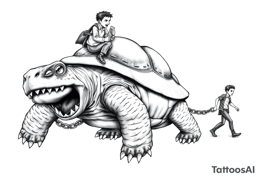 Small angry men walking slaves on a chain leash and chains on the back legs of an angry turtle with huge teeth with a little man riding on his back tattoo idea