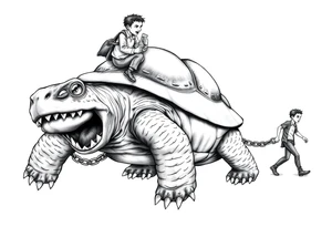 Small angry men walking slaves on a chain leash and chains on the back legs of an angry turtle with huge teeth with a little man riding on his back tattoo idea
