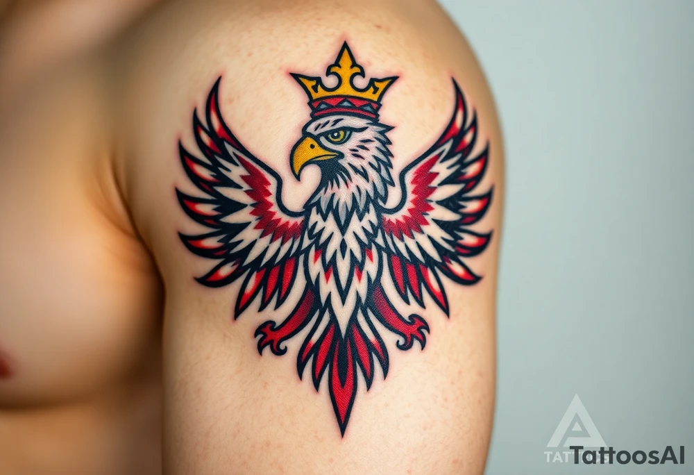 A majestic red and white Moravian eagle with golden crown on its head with intricate tribal patterns tattoo idea