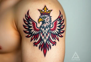 A majestic red and white Moravian eagle with golden crown on its head with intricate tribal patterns tattoo idea
