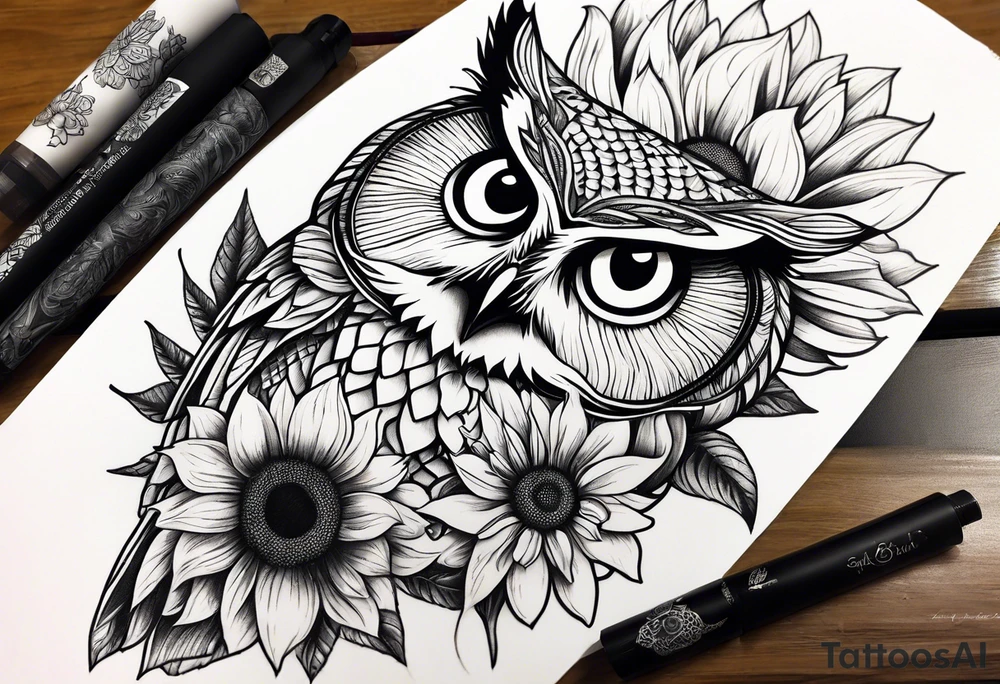 Leg sleeve with colorful sunflowers and an owl tattoo idea