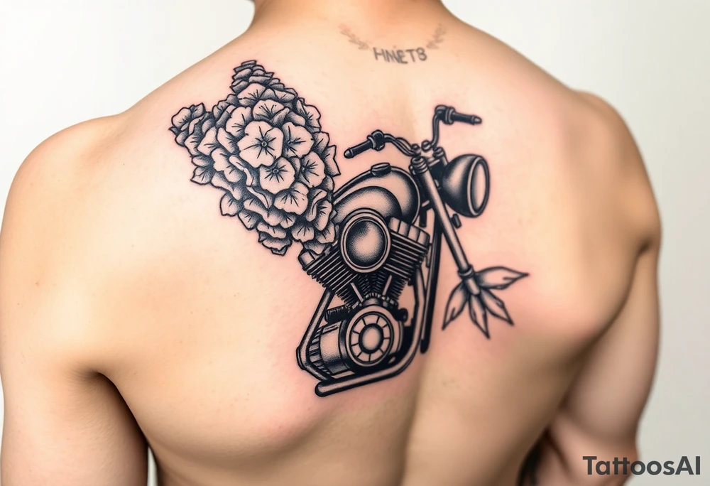 Motorcycle engine with lilacs tattoo idea