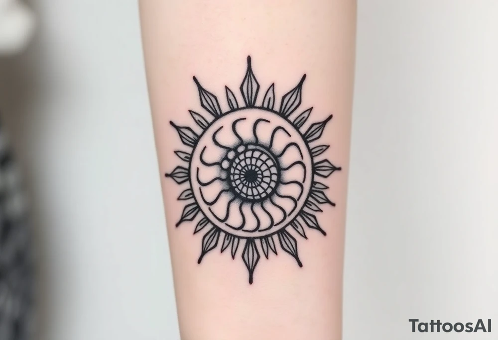 Fibonacci spiral shell inside of sun tattoo idea