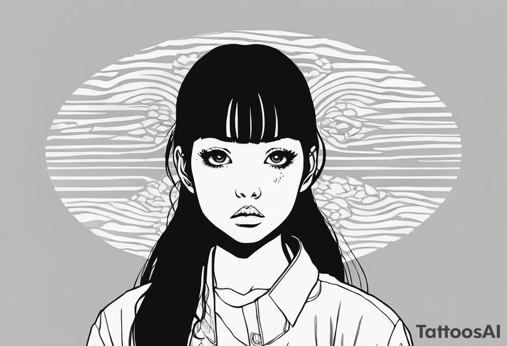 portrait of tomie standing up a character by the horror manga author junji ito full body standing menacingly. add more horror and gore elements tattoo idea