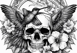 hummingbird, skull, hibiscus flower, storm clouds, lightning tattoo idea