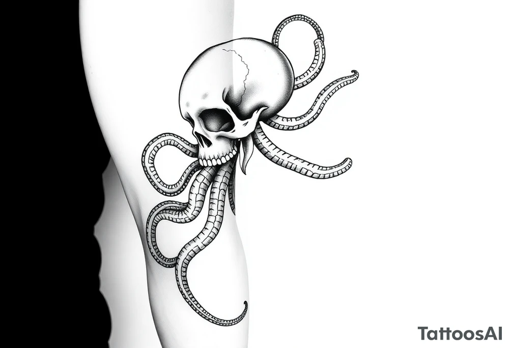A minimalist blackwork tattoo design of a kraken with a skull fused into its head. The kraken is viewed from a 45-degree angle facing left, with its head centered and occupying 90% of the height of the head portion of the design. The tentacles extend only to the left and right, with none going downward beneath the head. The tattoo is designed to flow from the inner bicep into the forearm, creating a balanced and dynamic composition. The style is clean, fine-line detailing with bold outlines, avoiding heavy shading. The tentacles should be fluid, aggressive, and striking, enhancing the menacing and eerie look of the kraken while maintaining a cohesive design for a tattoo sleeve. tattoo idea