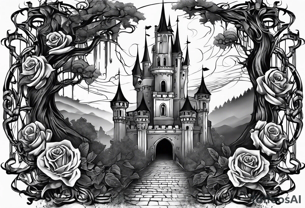 tattoo fool sleeve, destroyed dark gothic castle, tree roots break out of the chains, broken mask, roses tattoo idea