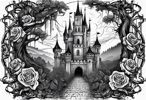 tattoo fool sleeve, destroyed dark gothic castle, tree roots break out of the chains, broken mask, roses tattoo idea