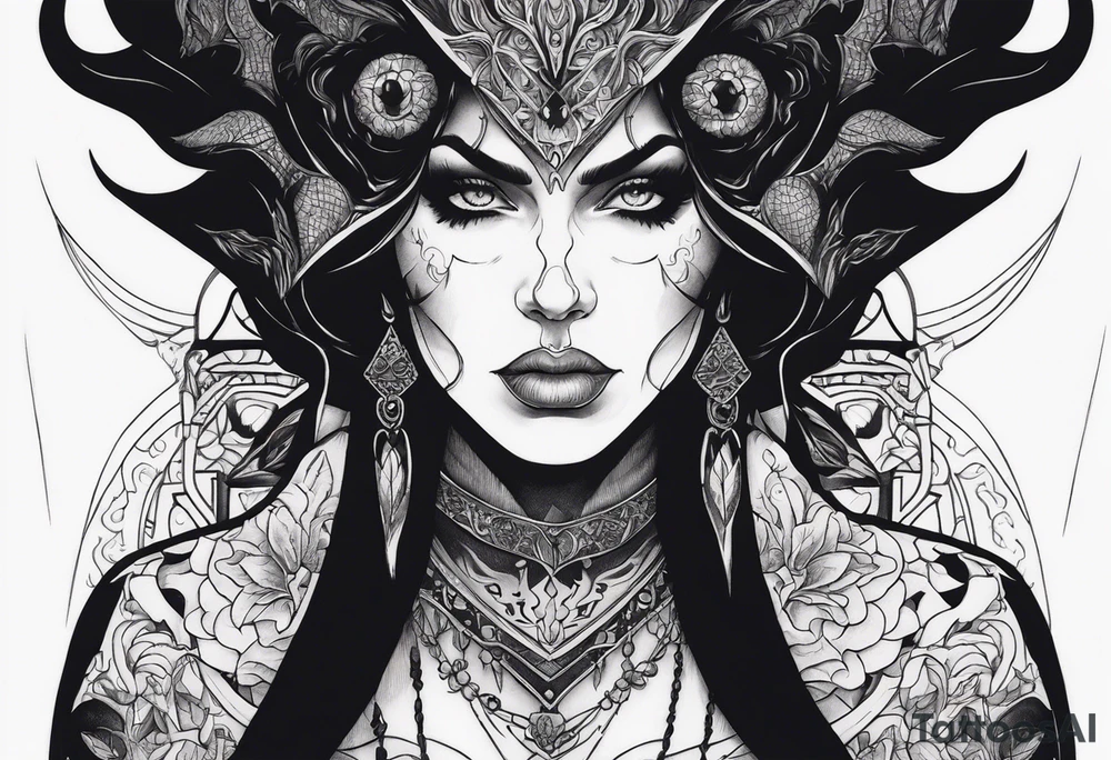 Detailed portrait of a demonic woman tattoo idea