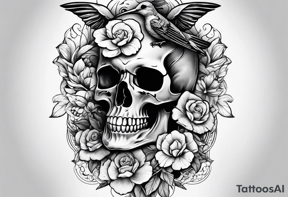 hummingbird, skull, flower, storm clouds tattoo idea