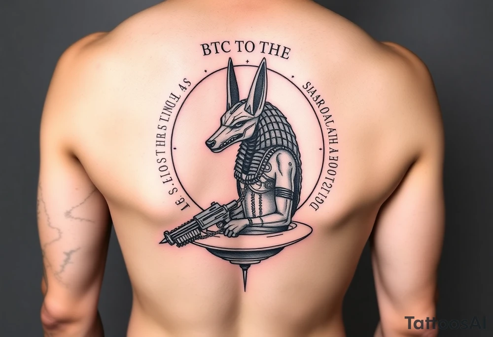 "Anubis in a ufo, holding a tommy gun. His jackal head is half-cyborg (exposed circuits). Hieroglyph background spells 'BTC TO THE MOON'.  

Style: Art Deco meets cyber-Egyptian. Black/red/gold ink. Forearm sleeve." tattoo idea