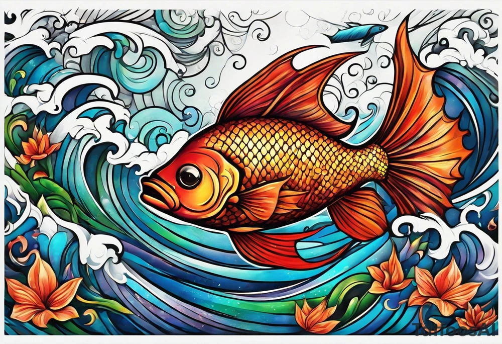 wide swirl of red, blue, orange, green with fish hooks tattoo idea