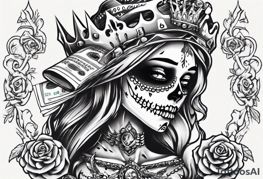 santa la muerta with money and crown
on the card tattoo idea