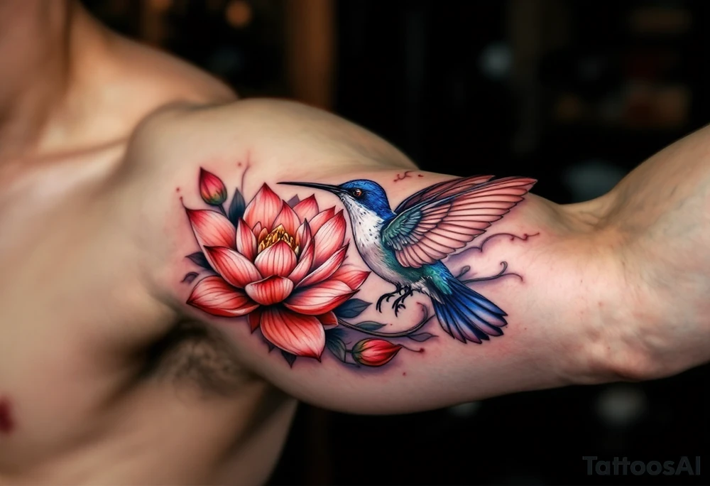 hummingbird and lotus flower, egyptian theme. Red and black only tattoo idea