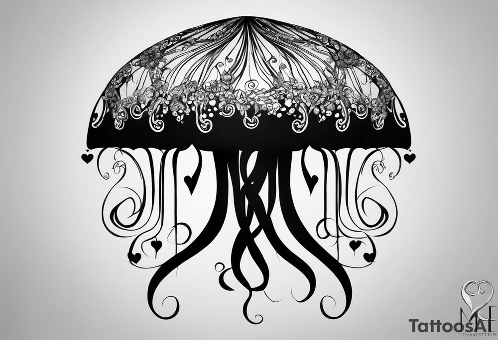 The tattoo features a stylized jellyfish with its bell-shaped body at the top. The body of the jellyfish is adorned with multiple black hearts scattered across its surface, giving it a whimsical, playful look. From the body, long flowing tentacles descend gracefully, creating a sense of movement. Some of the tentacles have small leaf-like patterns attached to them, adding an organic and delicate touch to the design. The overall tattoo is composed of fine lines and shading, primarily in black ink, giving it a minimalist yet detailed appearance. The design blends smooth flowing curves with a few sharper, more structured lines, creating a balance between elegance and modern tattoo style. tattoo idea