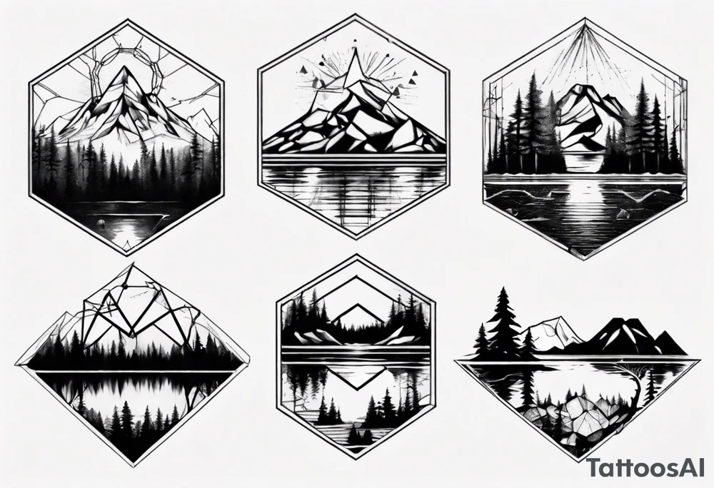 Mountain, forest and lake in a polygon tattoo idea