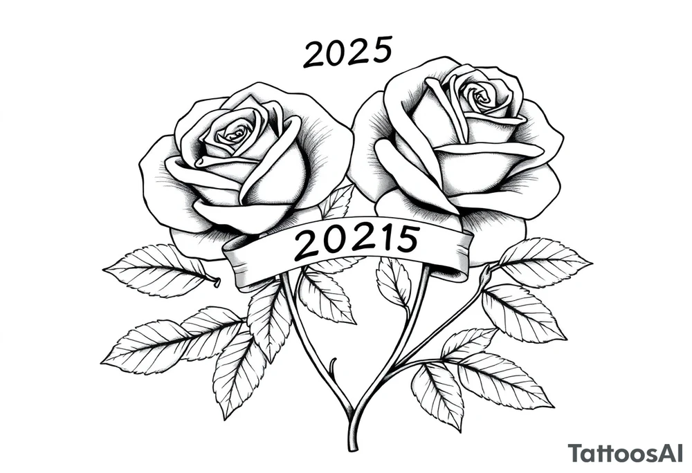 two beautiful large rose buds, one larger than the other, with many leaves and their stems intertwined, with one sitting higher than the other. Include a banner connecting the two roses with "2025" on it.  The word "Rose" written in Kanji above the drawing.  Use dark outlines with little shading. The two stems should connect and join into one stem, whimsically curved or twisted - not straight down. tattoo idea