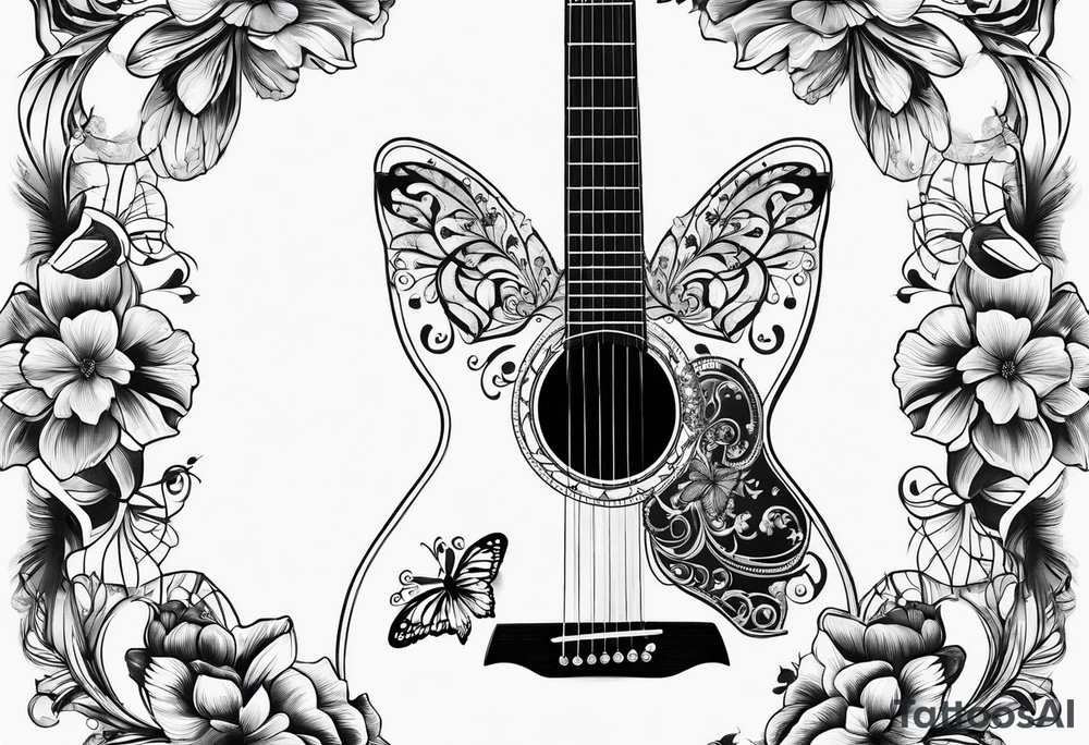 Whole electric acoustic Guitar with flowers growing off the side, butterflies tattoo idea