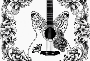Whole electric acoustic Guitar with flowers growing off the side, butterflies tattoo idea