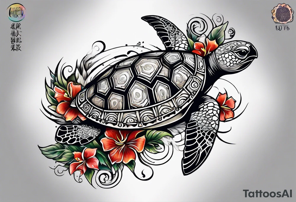 Full Sleeve and chest, Viking, Hawaiian, sea Turtle, flowers tattoo idea