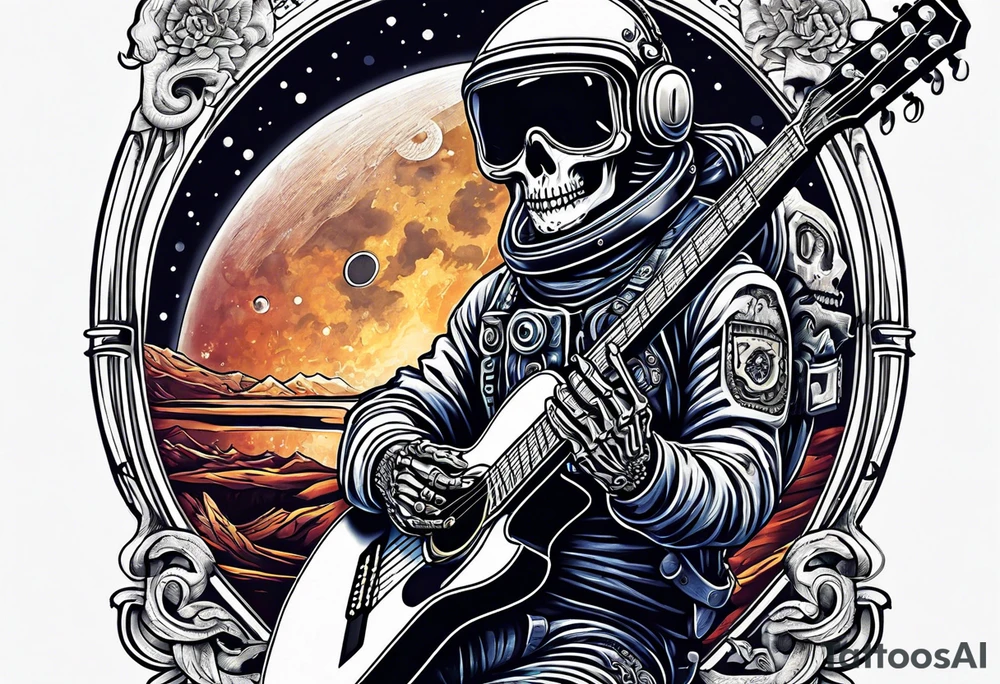 Skeleton astronaut playing acoustic guitar tattoo idea