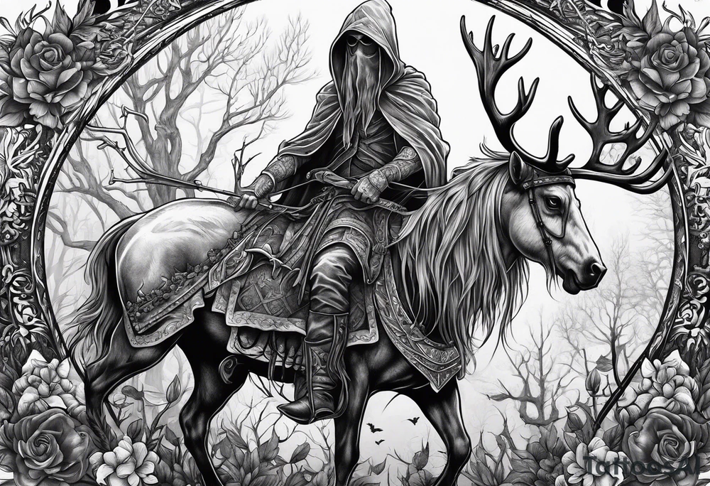 Hooded figure riding on a reindeer skeleton tattoo idea