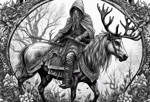Hooded figure riding on a reindeer skeleton tattoo idea