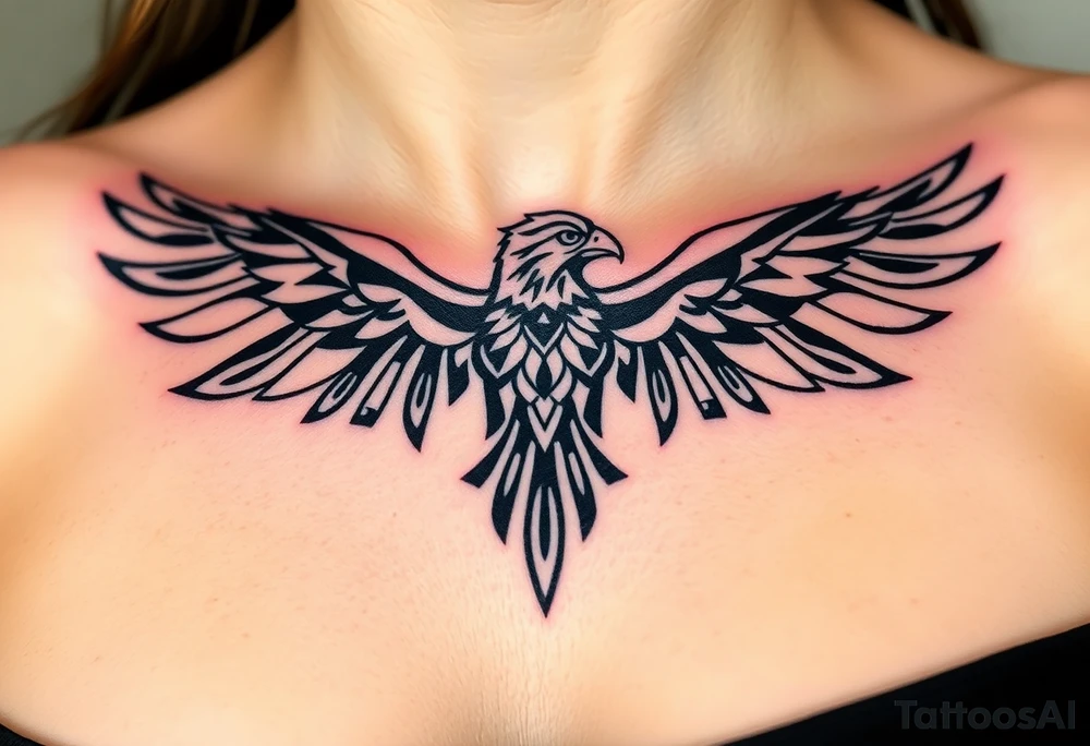A tribal eagle in black ink with geometric patterns, seamlessly blending traditional and modern tattoo styles tattoo idea