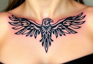A tribal eagle in black ink with geometric patterns, seamlessly blending traditional and modern tattoo styles tattoo idea