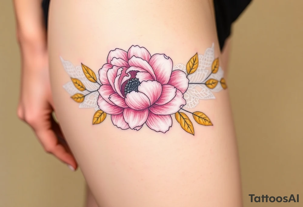 A soft peony lace garter tattoo with pastel pink petals, wrapping gently around the thigh with golden leaves for a soft, feminine touch tattoo idea