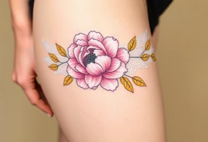 A soft peony lace garter tattoo with pastel pink petals, wrapping gently around the thigh with golden leaves for a soft, feminine touch tattoo idea