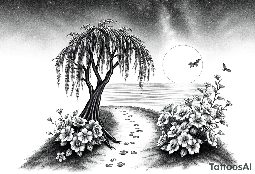 Sunset galaxy. Dark Ocean.  fairies, mermiads, dragons  weeping willow garden with roses and lilies flower beds,,  cat paw prints path in dirt. tattoo idea