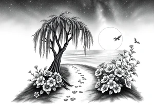 Sunset galaxy. Dark Ocean.  fairies, mermiads, dragons  weeping willow garden with roses and lilies flower beds,,  cat paw prints path in dirt. tattoo idea