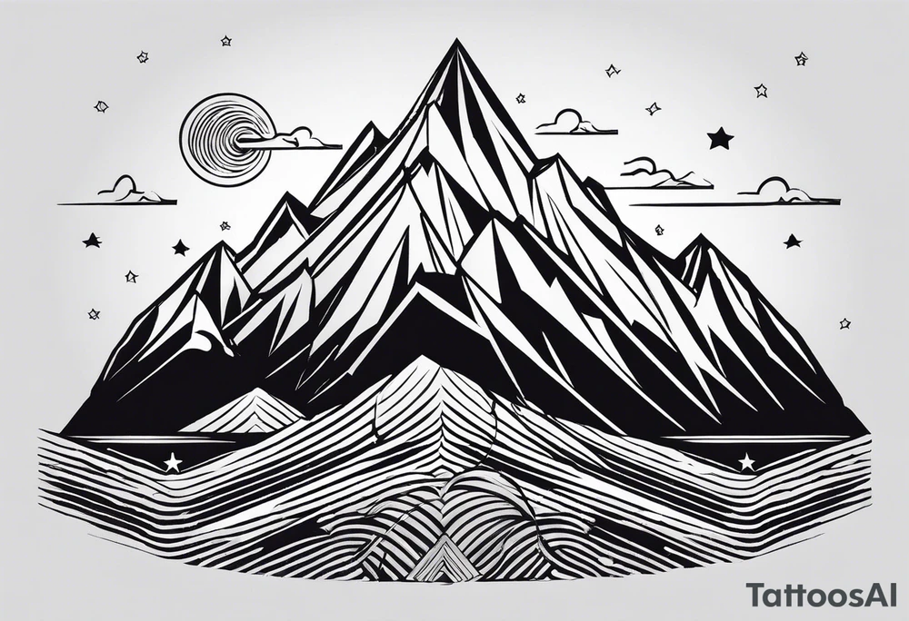 Mountain Massif, one Peak, only peak surrounded woth semi circle dashed Line, in semi circle two littel fine Stars, waves overlapping in Side, Open geometrical Forms Like Diamond with Open lines tattoo idea