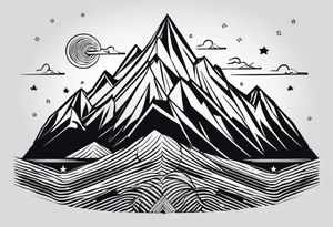 Mountain Massif, one Peak, only peak surrounded woth semi circle dashed Line, in semi circle two littel fine Stars, waves overlapping in Side, Open geometrical Forms Like Diamond with Open lines tattoo idea