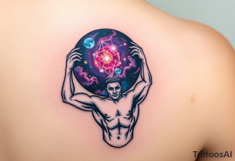 A powerful Atlas holding the celestial sphere, his muscles straining under a galaxy-filled globe in shades of deep purples, blues, and shimmering gold tattoo idea