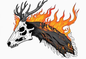 side profile of a DECAYING deer skull JUST BONE lore accurate wendigo surrounded by a flames and trees tattoo idea