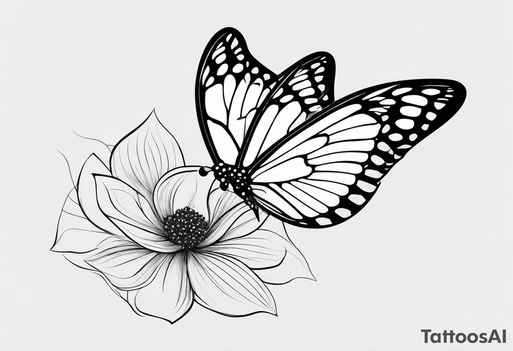 A delicate, black-and-white butterfly with fine, detailed wings, just about to land gently on a fragile minimalistic flower. Both the butterfly and flower are drawn with elegant, minimalist lines, capturing the sense of beauty, fragility, and perfection in their natural harmony. Subtle hints of color tattoo idea