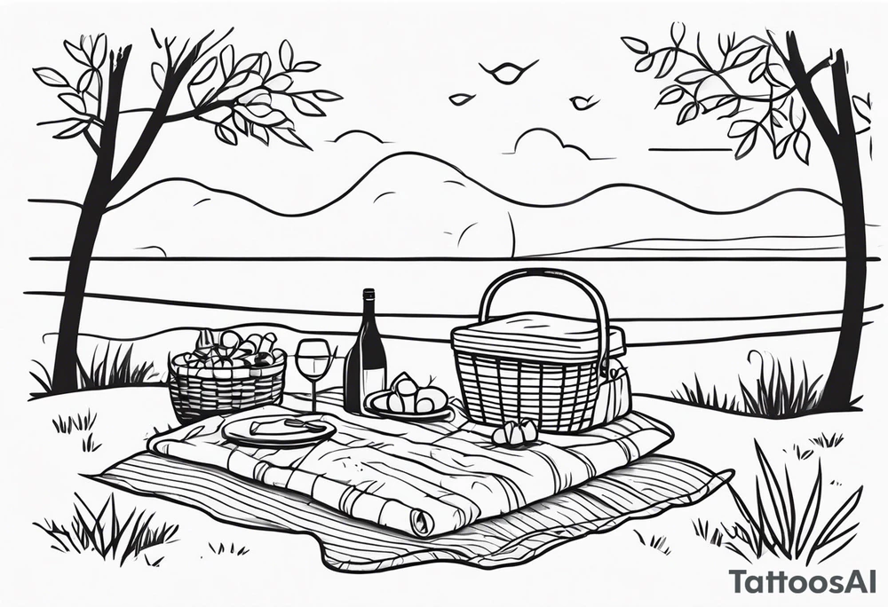 Very light and minimalstic picnic scene in nature. A blanket, picnic-basket with lid, pillows and party tennants. Thin lines. tattoo idea
